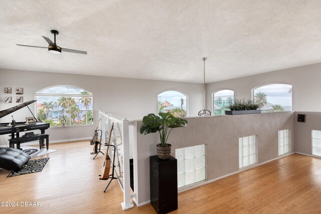 dining area featuring ceiling fan and light hardwood / wood-style flooring