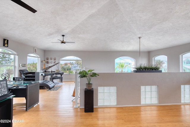 interior space with ceiling fan, light hardwood / wood-style floors, and a healthy amount of sunlight