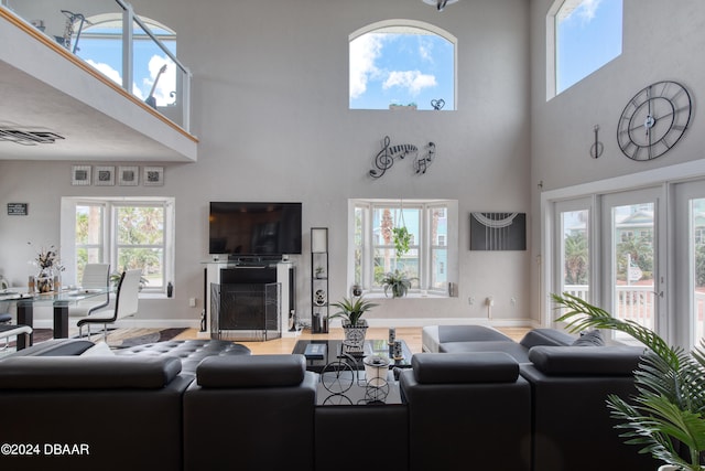 living room with hardwood / wood-style flooring and a high ceiling