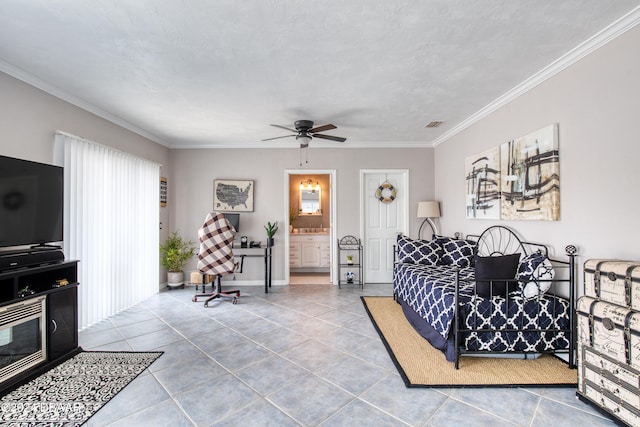 interior space featuring tile patterned floors, a wealth of natural light, crown molding, and ceiling fan