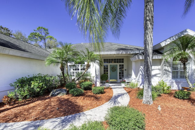 view of exterior entry featuring roof with shingles and stucco siding