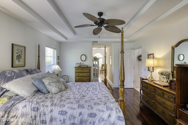 bedroom featuring dark wood finished floors and a tray ceiling