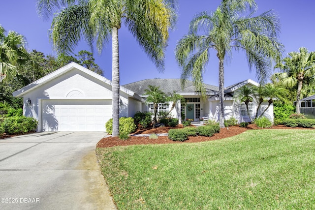 ranch-style home featuring a garage, concrete driveway, a front lawn, and stucco siding