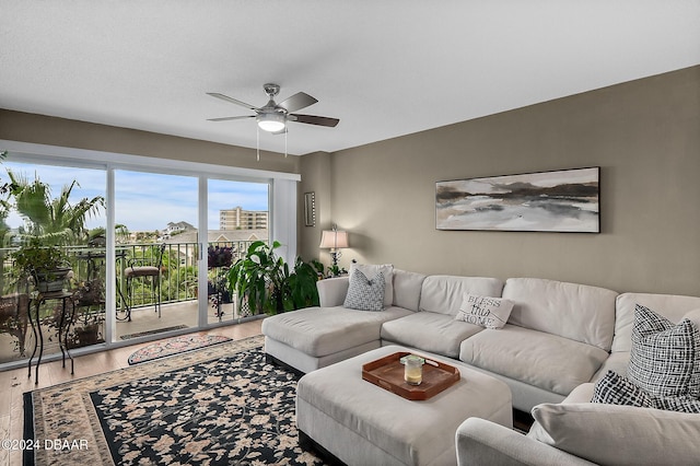 4 Oceans W Blvd Unit 507D, Daytona Beach Shores, FL 32118 - living room with hardwood / wood-style floors and ceiling fan