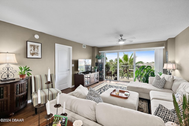 4 Oceans W Blvd Unit 507D, Daytona Beach Shores, FL 32118 - living room featuring dark hardwood / wood-style flooring and ceiling fan