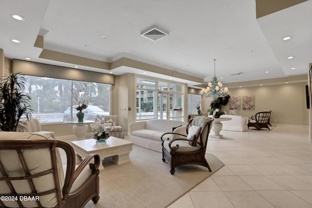 4 Oceans W Blvd Unit 507D, Daytona Beach Shores, FL 32118 - tiled living room featuring crown molding and a tray ceiling