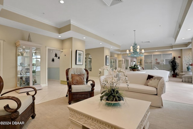4 Oceans W Blvd Unit 507D, Daytona Beach Shores, FL 32118 - tiled living room featuring crown molding and an inviting chandelier