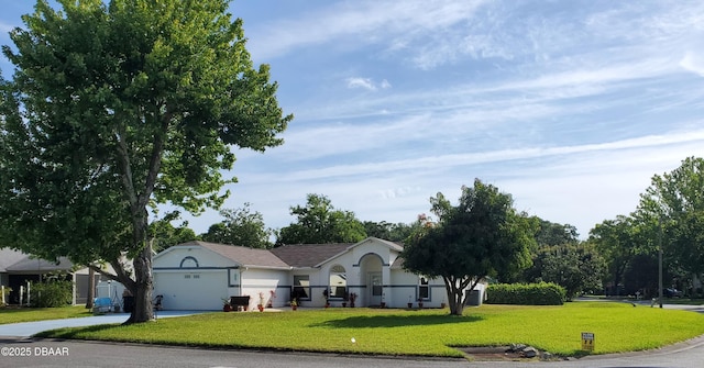 20 Lake Meadow Way, Ormond Beach, FL 32174 - ranch-style house featuring a front yard, driveway, stucco siding, and an attached garage