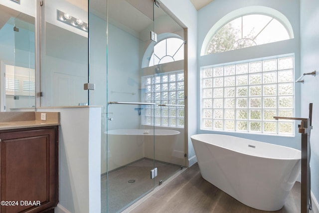 bathroom featuring plus walk in shower, hardwood / wood-style floors, and vanity