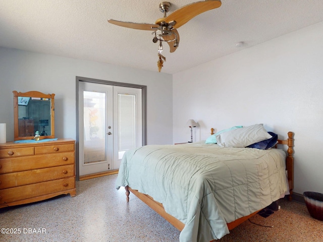 650 S Pine St, New Smyrna Beach, FL 32169 - bedroom with ceiling fan, speckled floor, a textured ceiling, and access to exterior