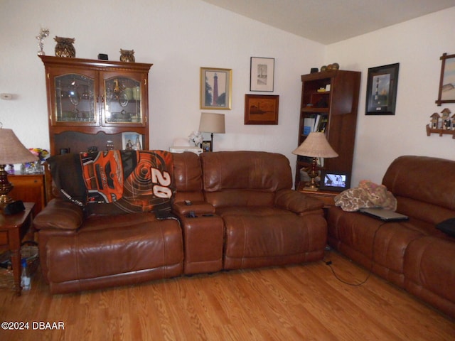 living room featuring light wood-type flooring and lofted ceiling