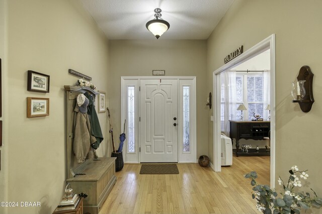 foyer entrance with a textured ceiling and light wood-type flooring