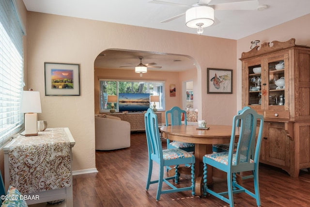 dining area featuring ceiling fan and dark wood-type flooring