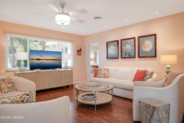 living room with ceiling fan and hardwood / wood-style flooring