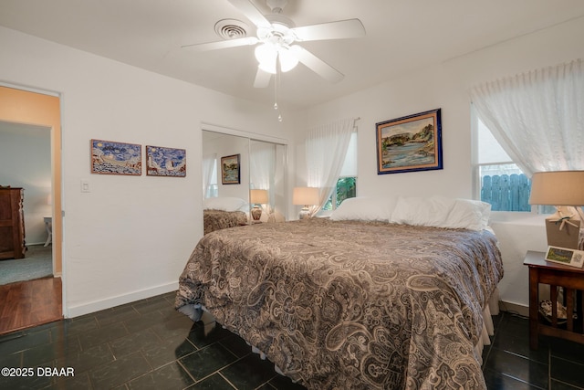 bedroom featuring ceiling fan and a closet