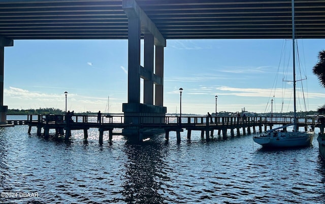 view of dock with a water view