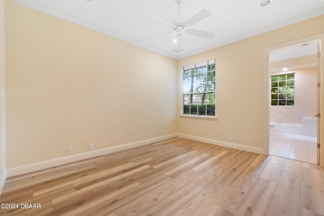 spare room featuring light wood-type flooring, a healthy amount of sunlight, and ceiling fan