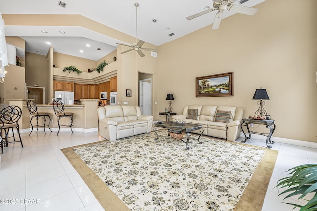 1766 Roscoe Turner Trl, Port Orange, FL 32128 - living room with ceiling fan, light tile patterned floors, high vaulted ceiling, recessed lighting, and baseboards