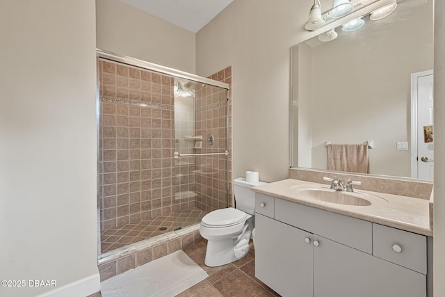1766 Roscoe Turner Trl, Port Orange, FL 32128 - bathroom featuring a stall shower, toilet, tile patterned floors, and vanity