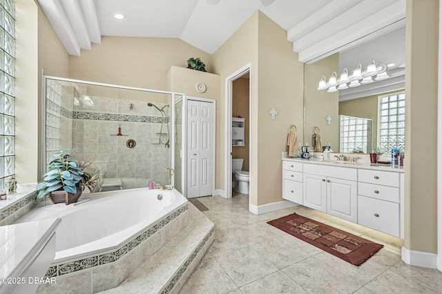 1766 Roscoe Turner Trl, Port Orange, FL 32128 - bathroom with a shower stall, toilet, a garden tub, vanity, and tile patterned flooring