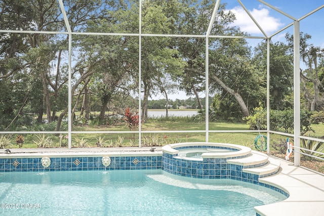 1766 Roscoe Turner Trl, Port Orange, FL 32128 - view of pool with a lanai, a pool with connected hot tub, view of scattered trees, a water view, and central AC unit