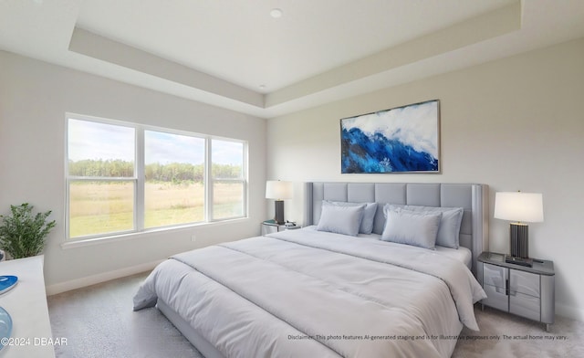 carpeted bedroom featuring a raised ceiling