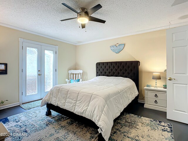 bedroom featuring access to outside, french doors, ornamental molding, a textured ceiling, and ceiling fan