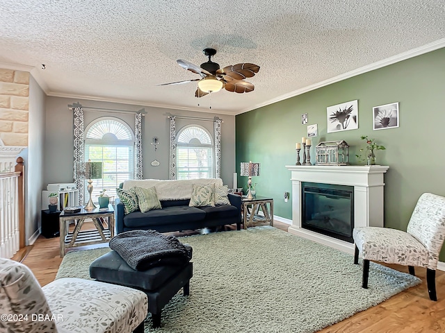 living room with ceiling fan, a textured ceiling, light wood-type flooring, and ornamental molding