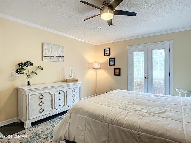 bedroom featuring ornamental molding, ceiling fan, a textured ceiling, french doors, and access to outside