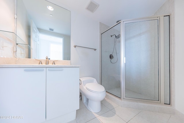 bathroom featuring tile patterned flooring, vanity, toilet, and an enclosed shower