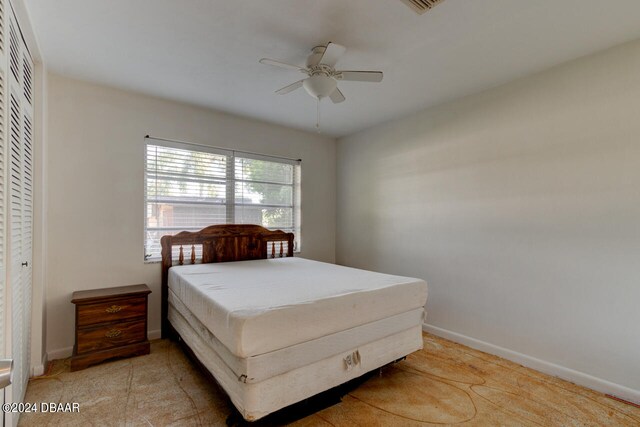 bedroom with ceiling fan and a closet