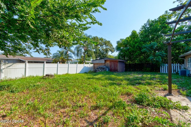 view of yard with cooling unit and a storage unit