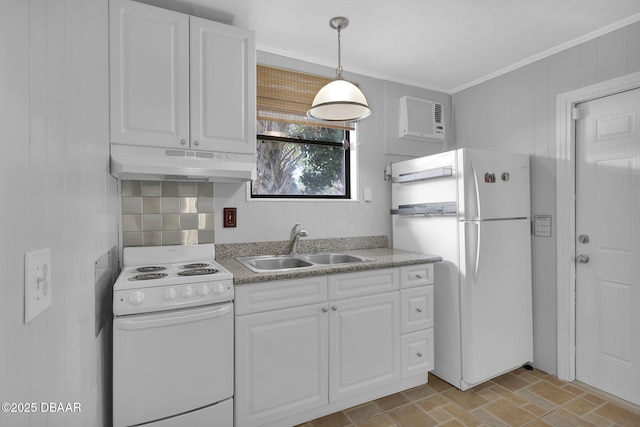 kitchen featuring white cabinetry, an AC wall unit, sink, and white appliances