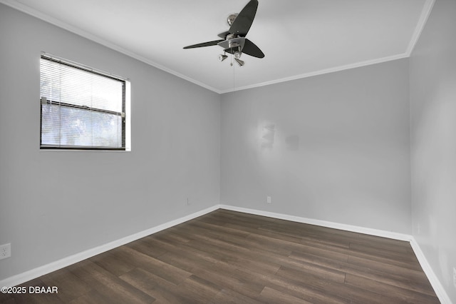 spare room featuring ornamental molding, ceiling fan, and dark hardwood / wood-style flooring