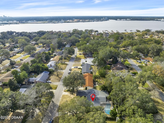 aerial view featuring a water view