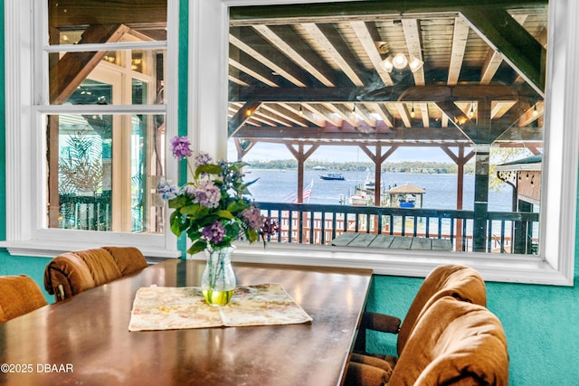 dining area with a water view