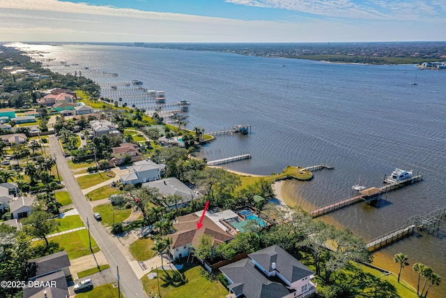 drone / aerial view featuring a water view