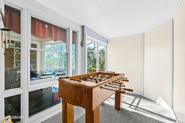 playroom with carpet flooring, baseboards, and a textured ceiling