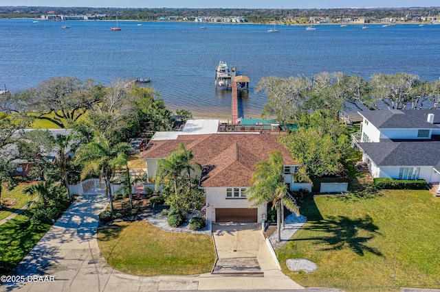 drone / aerial view featuring a water view