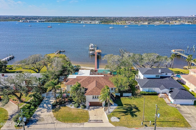 drone / aerial view featuring a water view