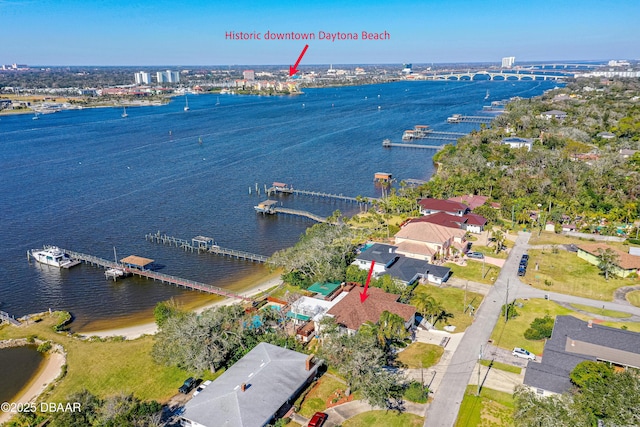 aerial view featuring a water view