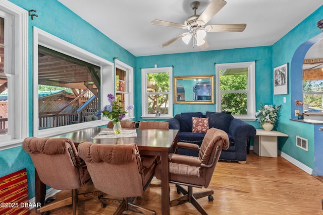 dining room with visible vents, ceiling fan, baseboards, and wood finished floors