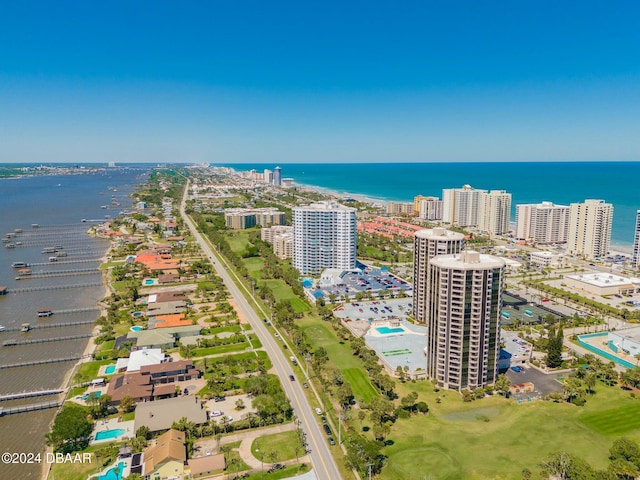 drone / aerial view with a water view