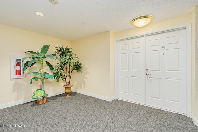 carpeted foyer featuring a textured ceiling