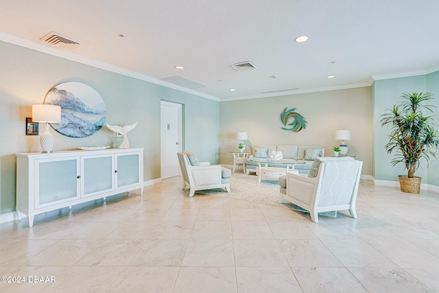 living room with ornamental molding