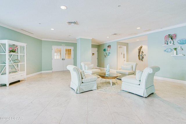 living room featuring french doors and crown molding