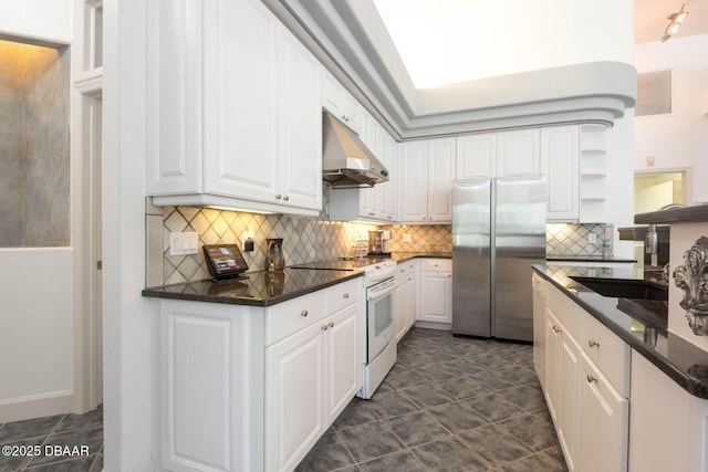 2 Creek Bend Way, Ormond Beach, FL 32174 - kitchen featuring freestanding refrigerator, electric range, under cabinet range hood, white cabinetry, and open shelves