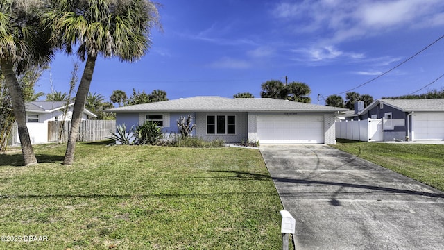 ranch-style home with a garage and a front yard