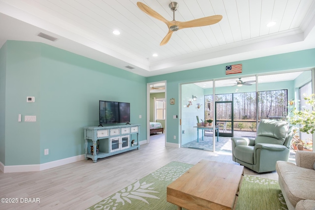 living room with a tray ceiling, wooden ceiling, light hardwood / wood-style floors, and ceiling fan