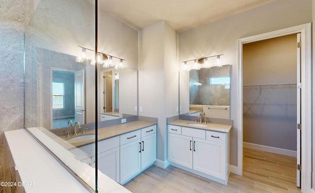 bathroom with hardwood / wood-style floors and vanity